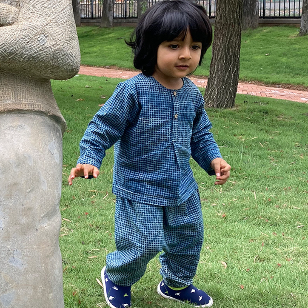 Whitewater Kids Unisex Organic Indigo Checks Kurta Set