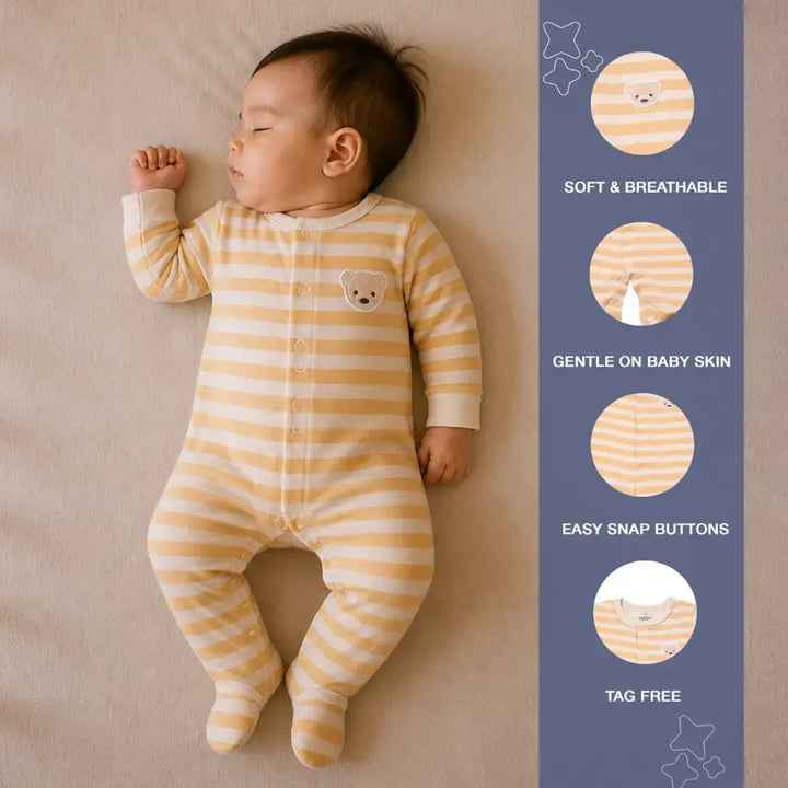 Prekies Newborn Cotton Sleepsuit Bear Face Print - Beige &amp; Brown