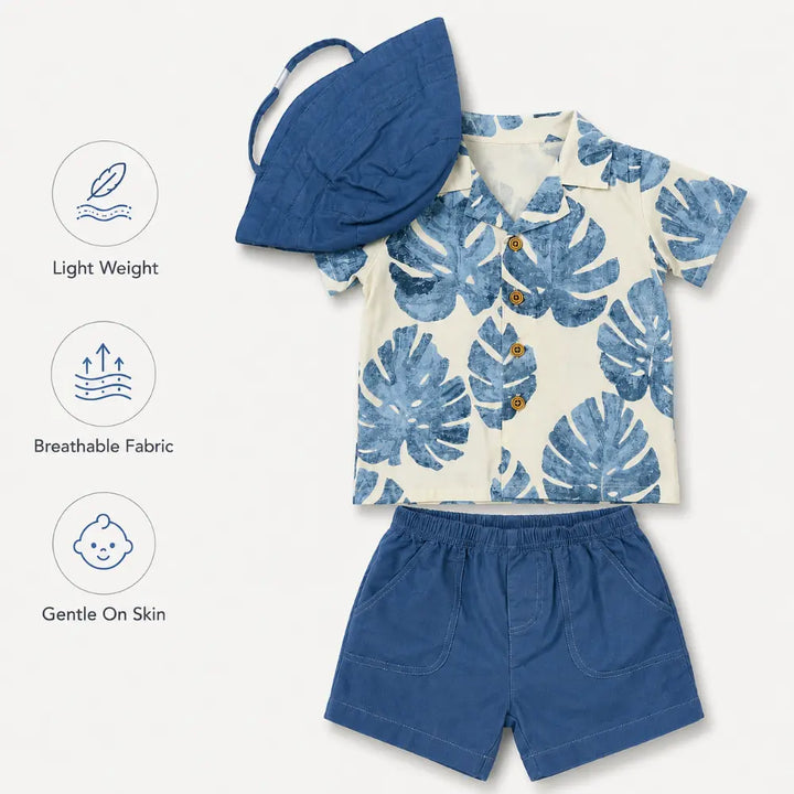Pattuti Sustainable Cotton Tropical Print Shirt,Shorts &amp; Hat Set - Navy Blue
