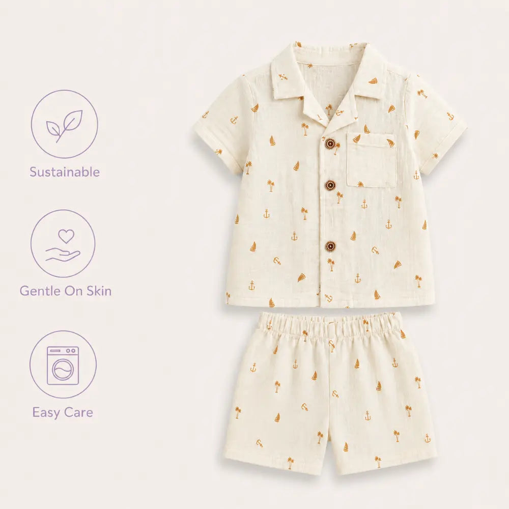 Pattuti Sustainable Double Gauge Cotton Coconut Tree Print Shirt, Shorts &amp; Hat - Off White