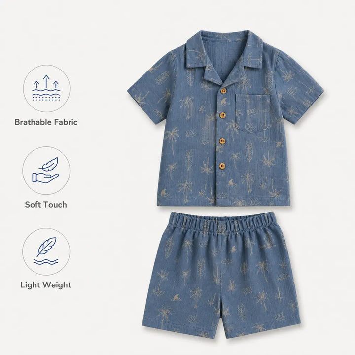 Pattuti Sustainable Double Gauge Cotton Beach Print Shirt, Shorts &amp; Hat - Dusty Blue
