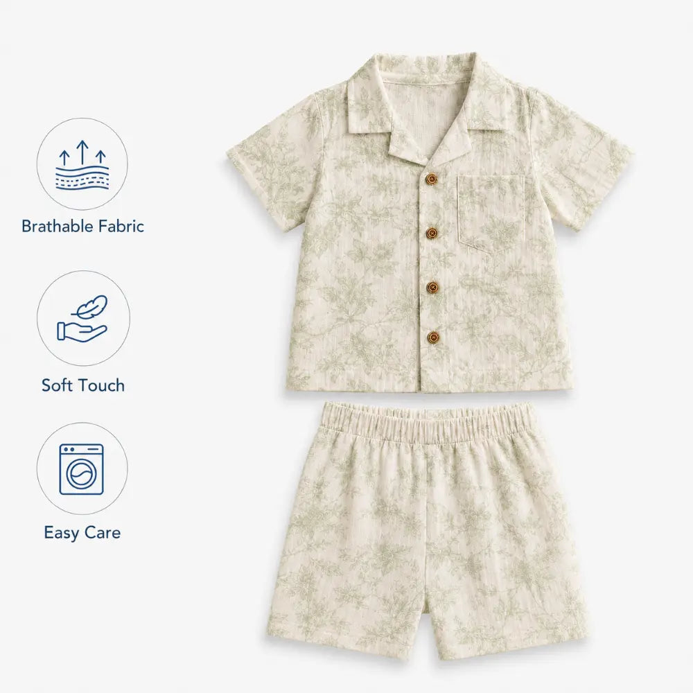 Pattuti Sustainable Double Gauge Cotton Leaf Print Shirt, Shorts &amp; Hat - Mint