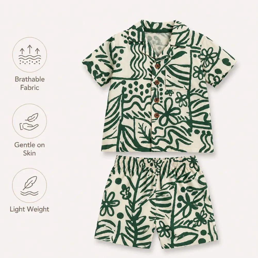 Pattuti Sustainable Double Gauge Safari Print Shirt, Shorts &amp; Hat - Green