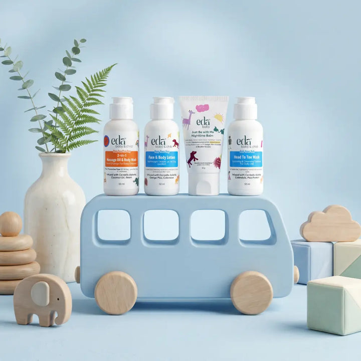 Eda Baby &amp; Child Travel Kit with Pouch | 4-in-1 Dermat Crafted Baby Skincare Set 0-10 Yrs | Bath Oil + Head to Toe Wash + Face &amp; Body Lotion + Nighttime Balm | Centella, Chamomile, Calendula | Safe from Day 1