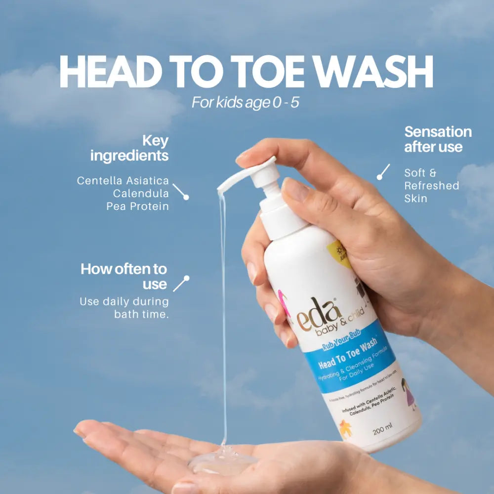 Eda Baby &amp; Child Travel Kit with Pouch | 4-in-1 Dermat Crafted Baby Skincare Set 0-10 Yrs | Bath Oil + Head to Toe Wash + Face &amp; Body Lotion + Nighttime Balm | Centella, Chamomile, Calendula | Safe from Day 1
