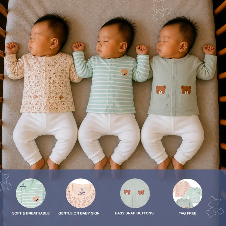Prekies Cotton Jhablas Bear Print - Olive Green &amp; Peach (Set of 3)
