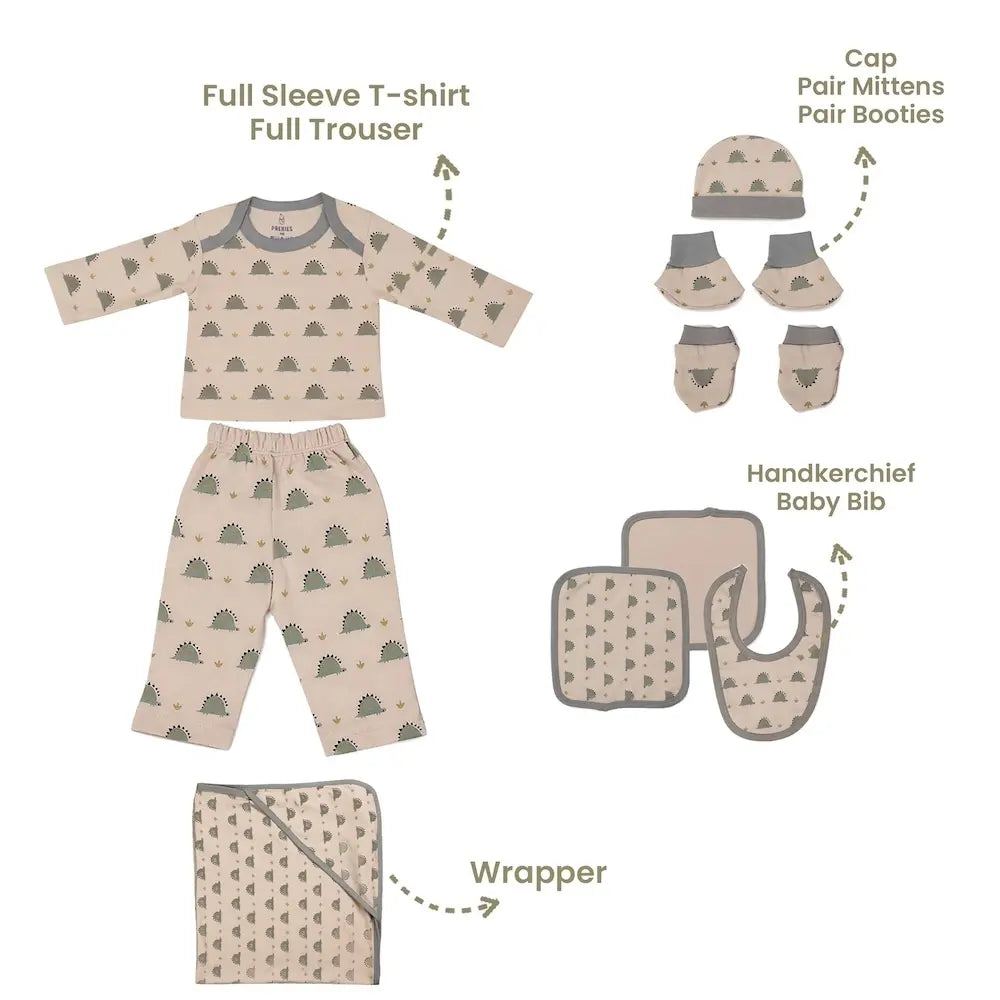 Prekies Newborn Baby Essentials Gift Set - 10-Piece Dino Print Set - Cream &amp; Olive