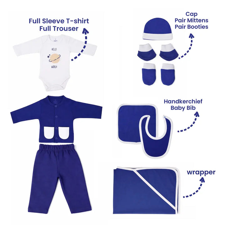 Prekies Newborn Baby Boy Essentials Gift Set - 10-Piece Hello World Print - Blue