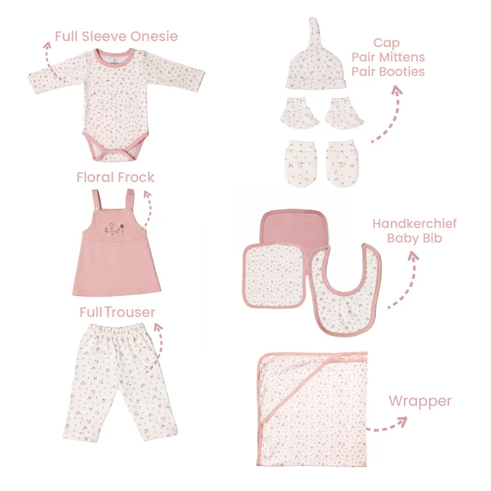 Prekies Newborn Baby Girl Essentials Gift Set - 10-Piece Flower Print - Baby Pink