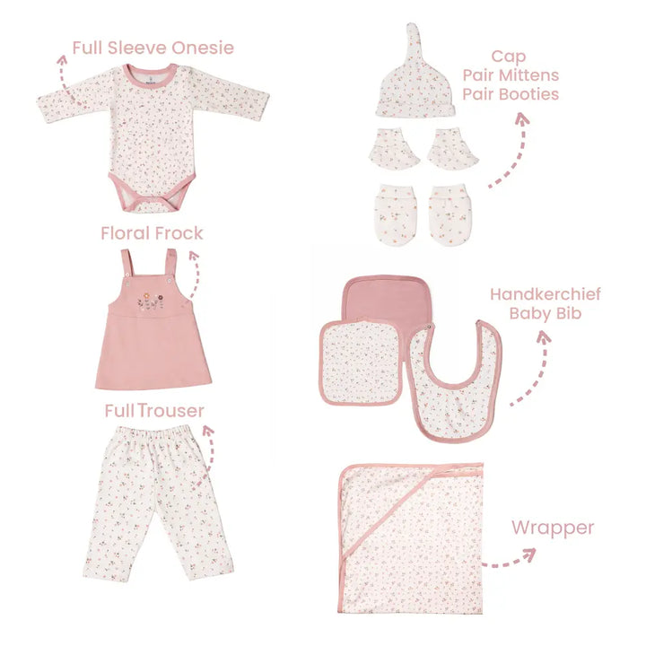 Prekies Newborn Baby Girl Essentials Gift Set - 10-Piece Flower Print - Baby Pink