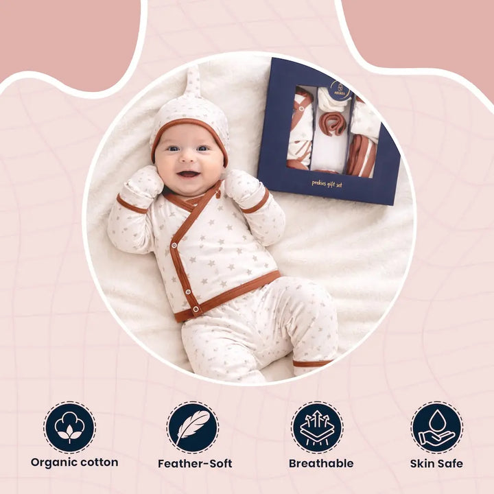 Prekies Newborn Baby Essentials Gift Set - 10-Piece Newbie Print - Cream &amp; Brown