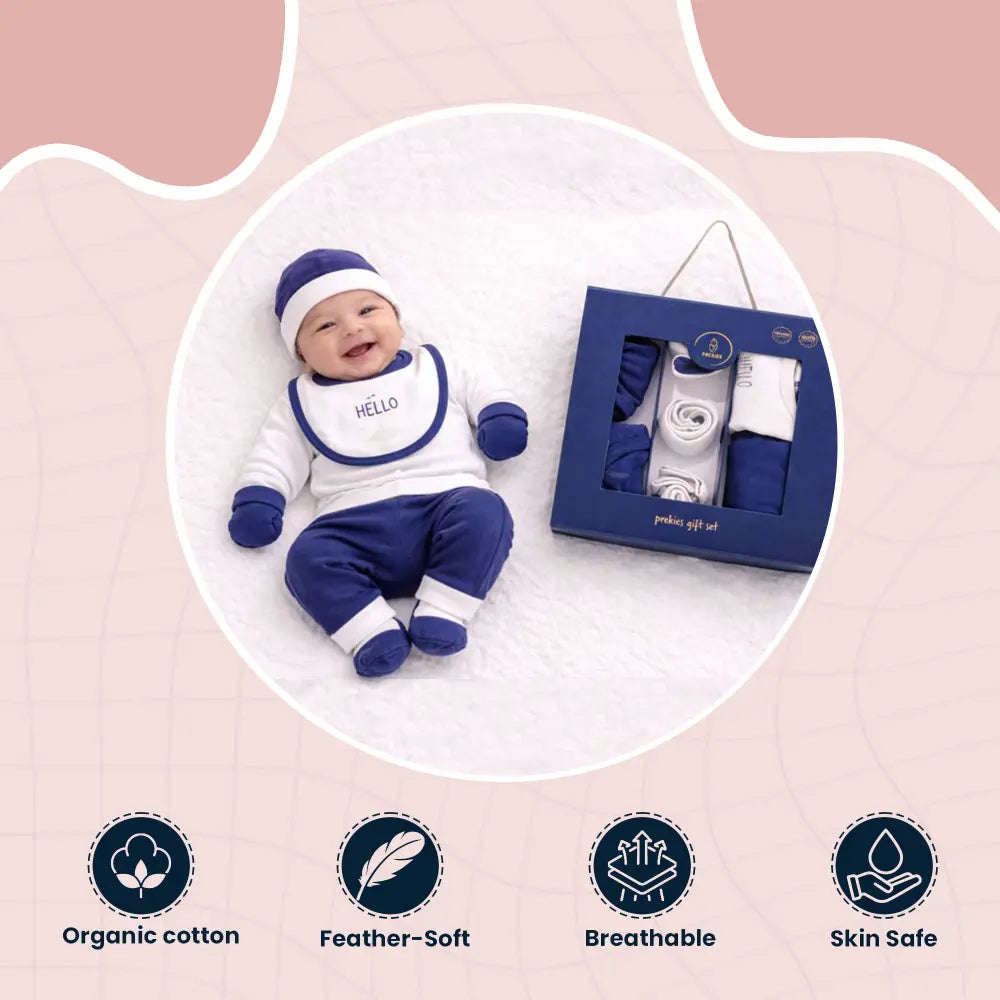 Prekies Newborn Baby Boy Essentials Gift Set - 10-Piece Hello World Print - Blue