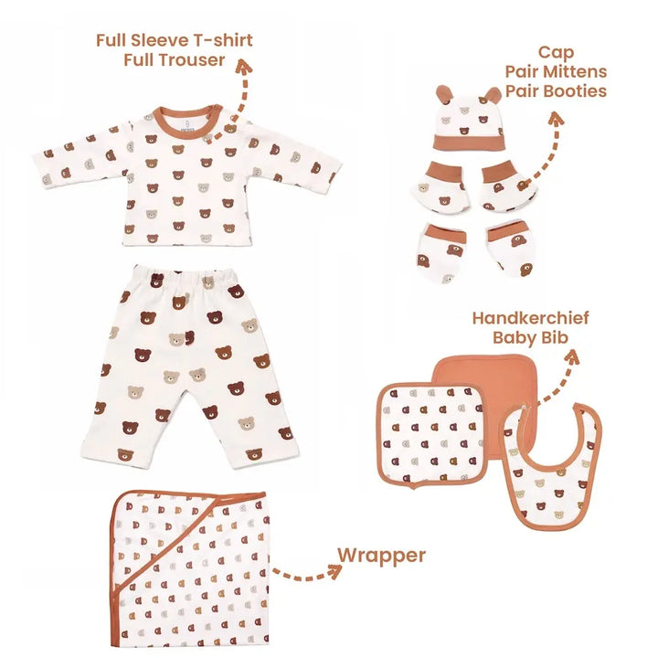 Prekies Newborn Baby Essentials Gift Set - 10-Piece Bear Print Set - Cream &amp; Beige