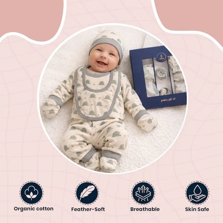 Prekies Newborn Baby Essentials Gift Set - 10-Piece Dino Print Set - Cream &amp; Olive