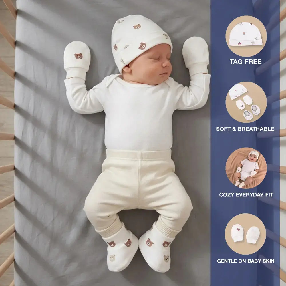 Prekies Newborn Cotton Cap, Mittens &amp; Booties Set Teddy Print - Cream