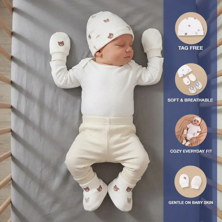 Prekies Newborn Cotton Cap, Mittens &amp; Booties Set Teddy Print - Cream