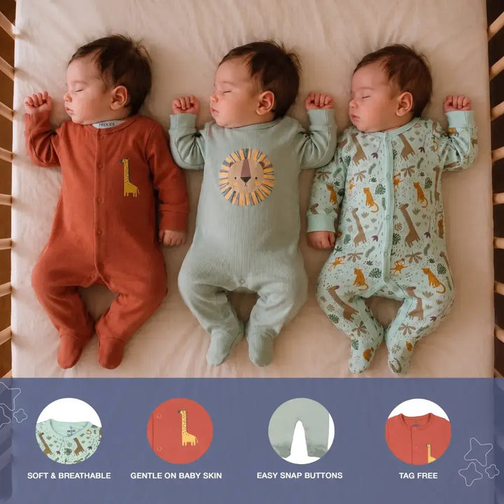 Prekies Newborn Cotton Sleepsuits Lion Print - Multi (Set of 3)