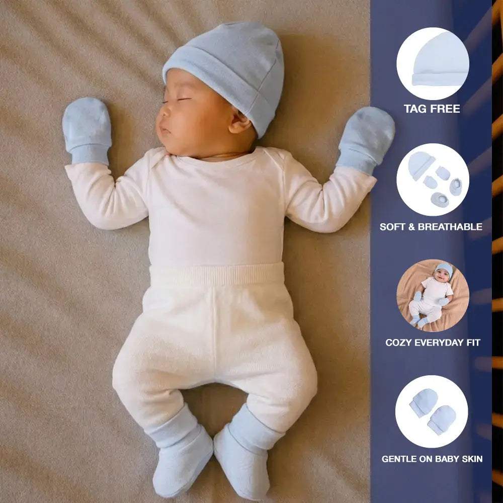 Prekies Newborn Cotton Cap, Mittens &amp; Booties Set - Blue