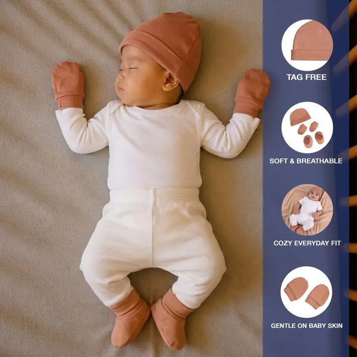 Prekies Newborn Cotton Cap, Mittens &amp; Booties Set - Beige
