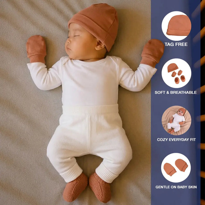 Prekies Newborn Cotton Cap, Mittens &amp; Booties Set - Maroon