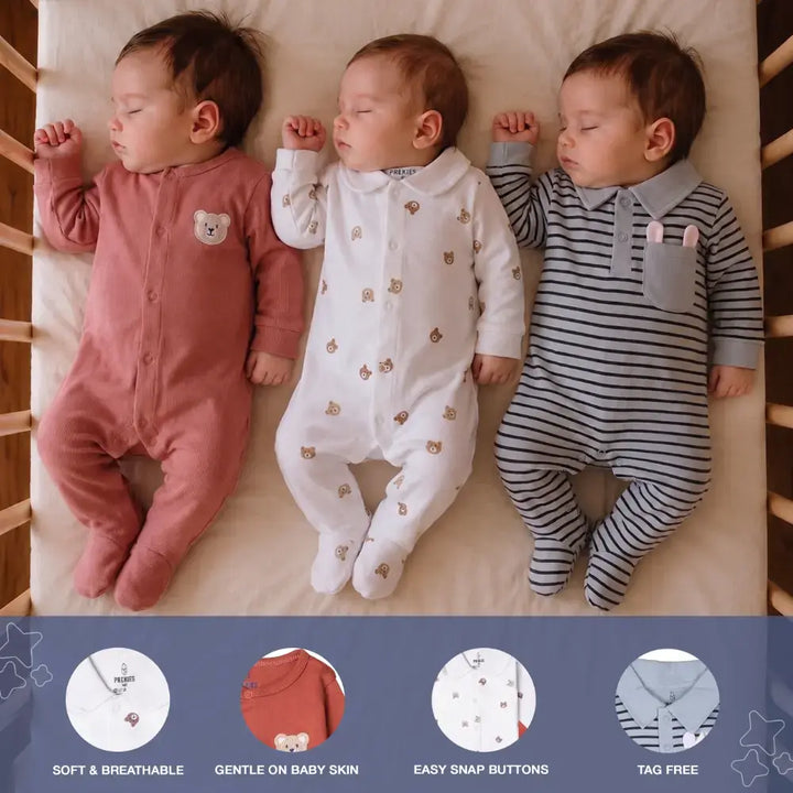 Prekies Newborn Cotton Sleepsuits Bear Face Print - Multi (Set of 3)