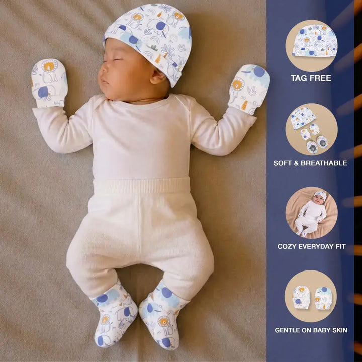 Prekies Newborn Cotton Cap, Mittens &amp; Booties Set Lion Print - White