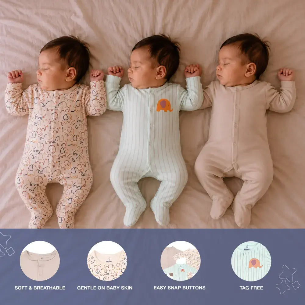 Prekies Newborn Cotton Sleepsuits Elephant Print - Multi (Set of 3)