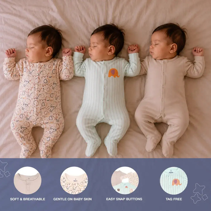 Prekies Newborn Cotton Sleepsuits Elephant Print - Multi (Set of 3)