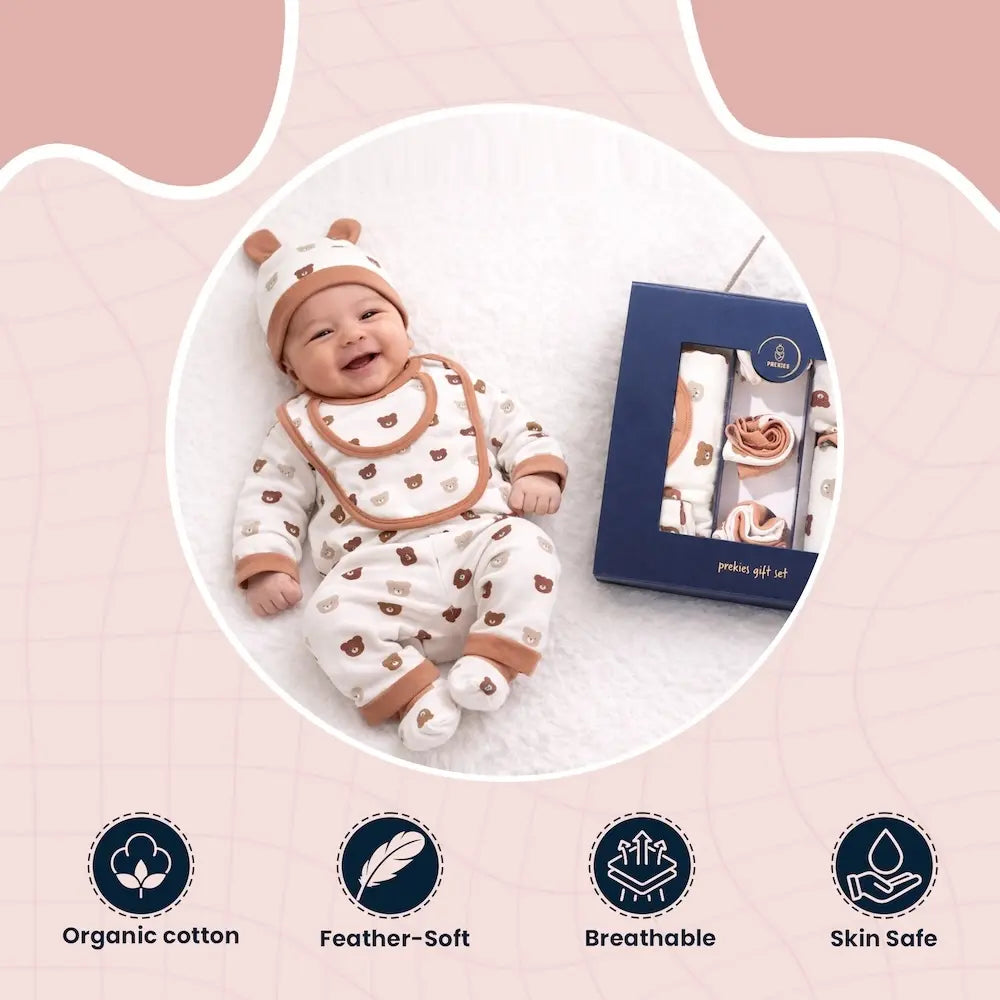 Prekies Newborn Baby Essentials Gift Set - 10-Piece Bear Print Set - Cream &amp; Beige
