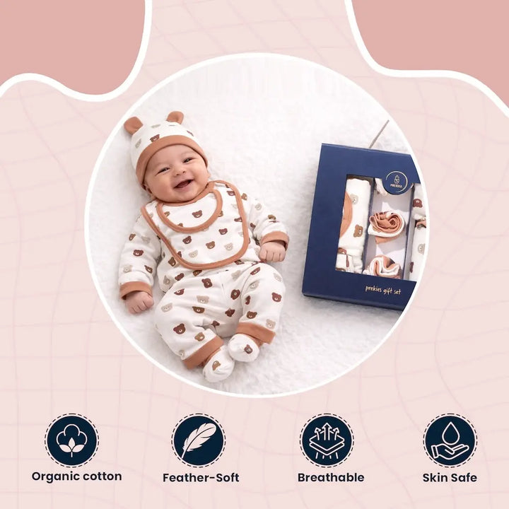 Prekies Newborn Baby Essentials Gift Set - 10-Piece Bear Print Set - Cream &amp; Beige