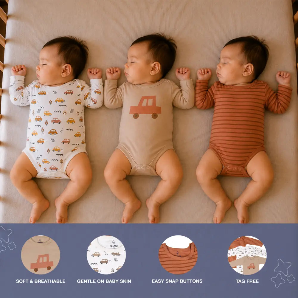 Prekies Cotton Onesies Car Print - Multi (Set of 3)