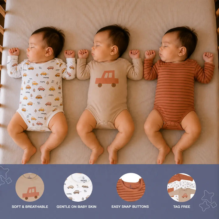 Prekies Cotton Onesies Car Print - Multi (Set of 3)