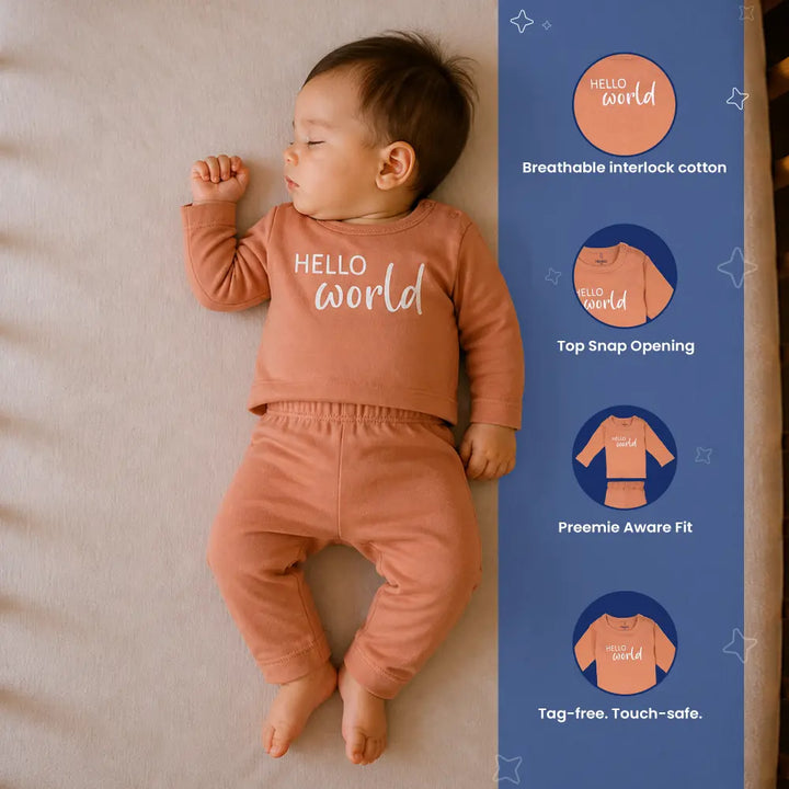 Prekies Newborn Clothing Set Hello World Print - Brown