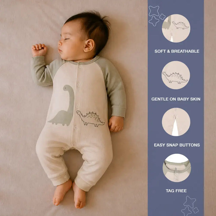 Prekies Newborn Cotton Sleepsuit Dino Print - Olive Green &amp; Beige