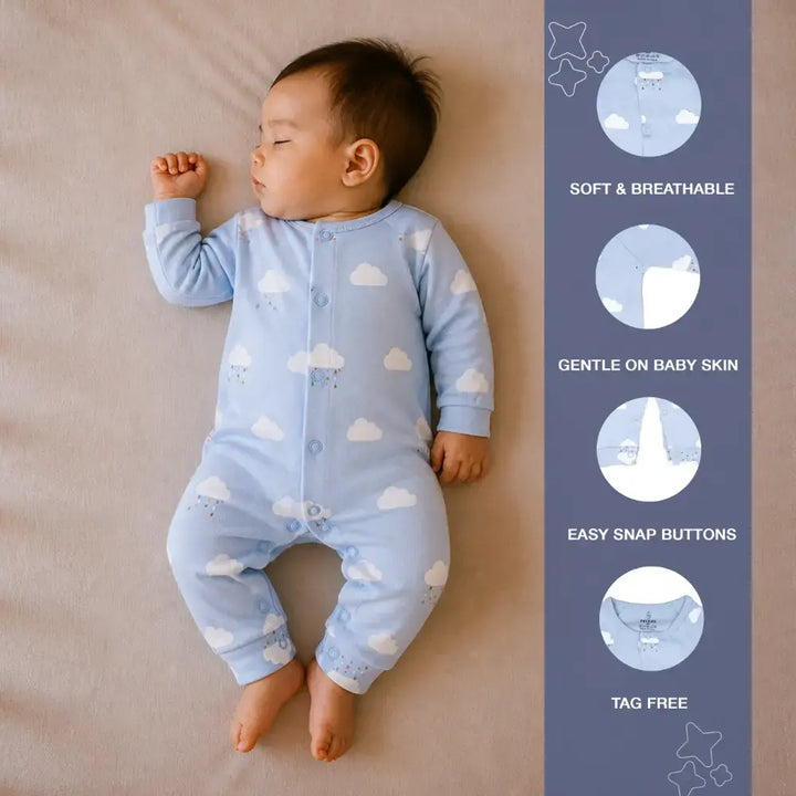 Prekies Newborn Cotton Sleepsuit Cloud Print - Light or Sky Blue