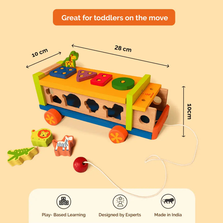 Shumee Wooden Animal Shape Sorter Pull Along Truck | Educational Wooden Toy for Kids 2+ Years