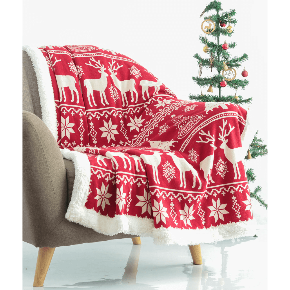 Pluchi Moose Christmas Tree Cotton Knitted Kids Blanket with Warm Sherpa Fabric