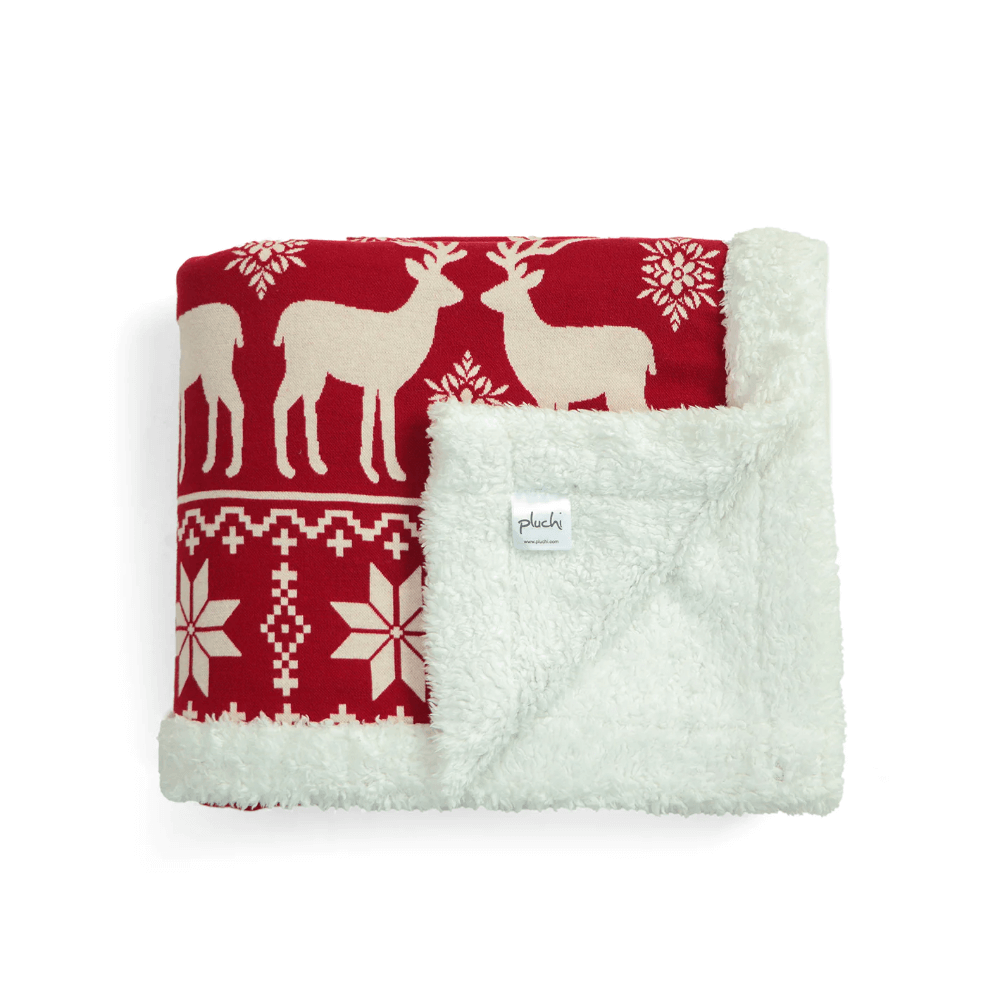 Pluchi Moose Christmas Tree Cotton Knitted Kids Blanket with Warm Sherpa Fabric