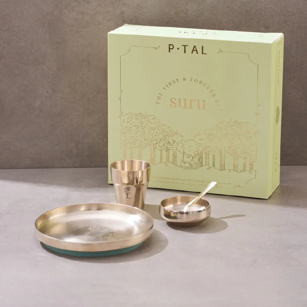P•TAL SuRu Kids Dinner Set in Pure Kansa Bronze | Handcrafted Thali, Bowl, Glass &amp; Spoon | Ages 0–8 | Heirloom Dinnerware Crafted with Nakuul Mehta &amp; Jankee Parekh | Non-Toxic | UNESCO Thathera Craft | The First &amp; Forever Set