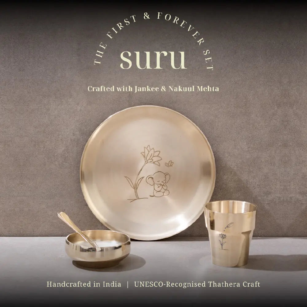 P•TAL SuRu Kids Dinner Set in Pure Kansa Bronze | Handcrafted Thali, Bowl, Glass &amp; Spoon | Ages 0–8 | Heirloom Dinnerware Crafted with Nakuul Mehta &amp; Jankee Parekh | Non-Toxic | UNESCO Thathera Craft | The First &amp; Forever Set