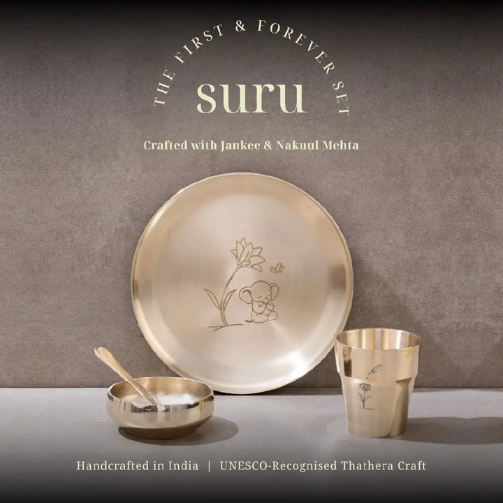 P•TAL SuRu Kids Dinner Set in Pure Kansa Bronze | Handcrafted Thali, Bowl, Glass &amp; Spoon | Ages 0–8 | Heirloom Dinnerware Crafted with Nakuul Mehta &amp; Jankee Parekh | Non-Toxic | UNESCO Thathera Craft | The First &amp; Forever Set