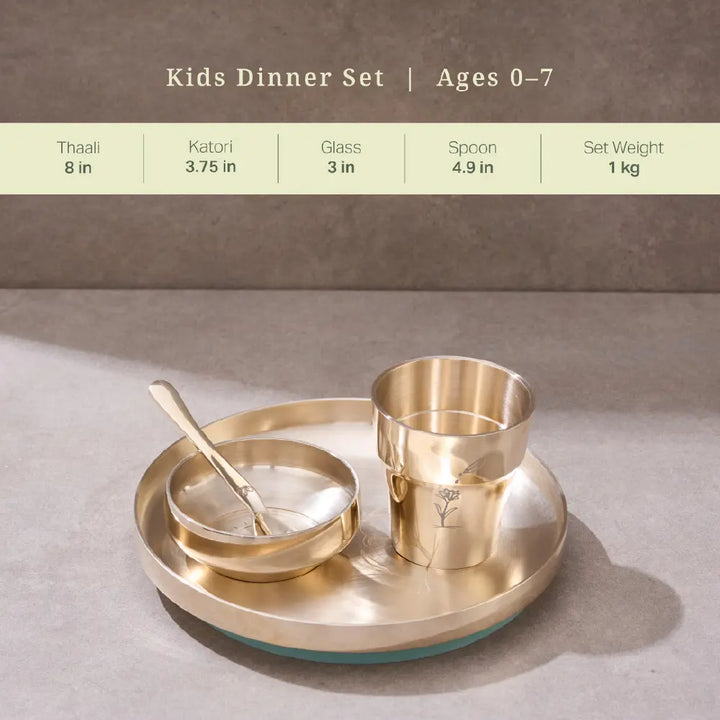 P•TAL SuRu Kids Dinner Set in Pure Kansa Bronze | Handcrafted Thali, Bowl, Glass &amp; Spoon | Ages 0–8 | Heirloom Dinnerware Crafted with Nakuul Mehta &amp; Jankee Parekh | Non-Toxic | UNESCO Thathera Craft | The First &amp; Forever Set