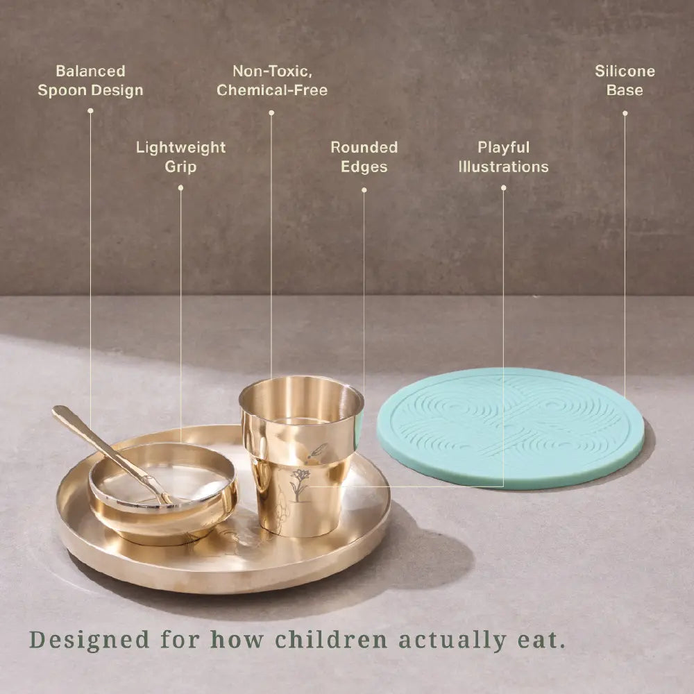 P•TAL SuRu Kids Dinner Set in Pure Kansa Bronze | Handcrafted Thali, Bowl, Glass &amp; Spoon | Ages 0–8 | Heirloom Dinnerware Crafted with Nakuul Mehta &amp; Jankee Parekh | Non-Toxic | UNESCO Thathera Craft | The First &amp; Forever Set