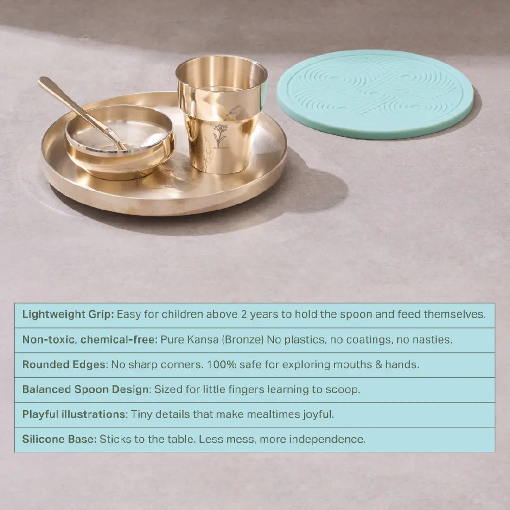 P•TAL SuRu Kids Dinner Set in Pure Kansa Bronze | Handcrafted Thali, Bowl, Glass &amp; Spoon | Ages 0–8 | Heirloom Dinnerware Crafted with Nakuul Mehta &amp; Jankee Parekh | Non-Toxic | UNESCO Thathera Craft | The First &amp; Forever Set