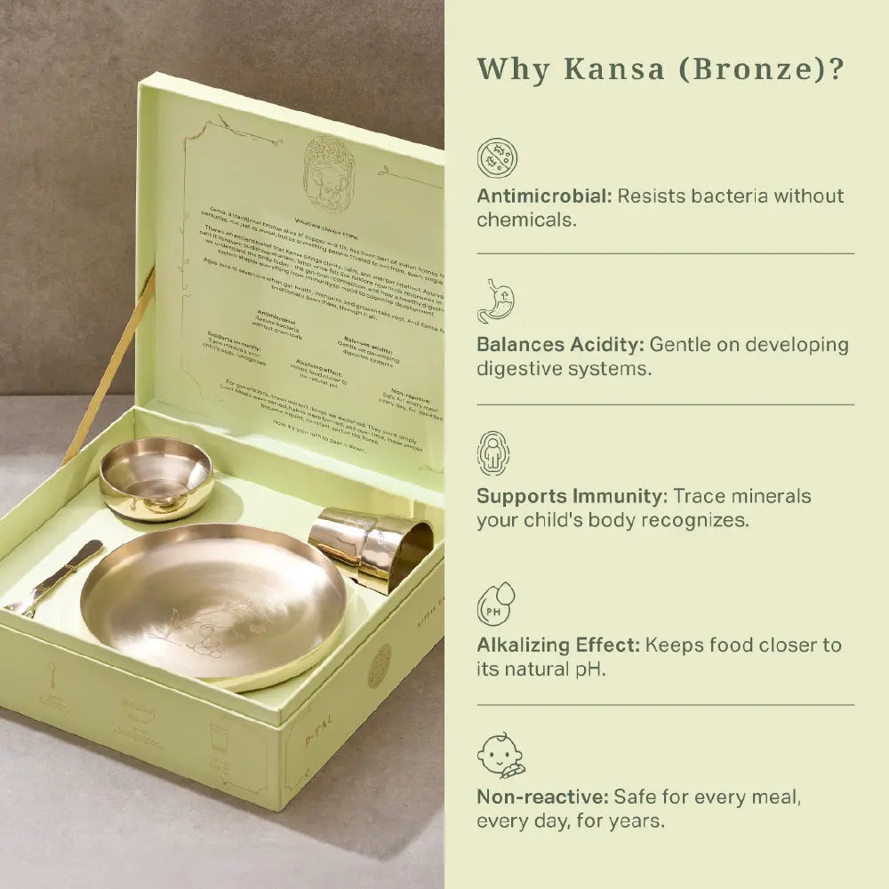 P•TAL SuRu Kids Dinner Set in Pure Kansa Bronze | Handcrafted Thali, Bowl, Glass &amp; Spoon | Ages 0–8 | Heirloom Dinnerware Crafted with Nakuul Mehta &amp; Jankee Parekh | Non-Toxic | UNESCO Thathera Craft | The First &amp; Forever Set