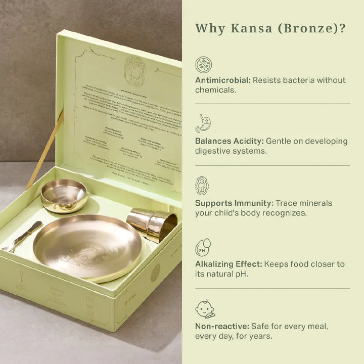 P•TAL SuRu Kids Dinner Set in Pure Kansa Bronze | Handcrafted Thali, Bowl, Glass &amp; Spoon | Ages 0–8 | Heirloom Dinnerware Crafted with Nakuul Mehta &amp; Jankee Parekh | Non-Toxic | UNESCO Thathera Craft | The First &amp; Forever Set
