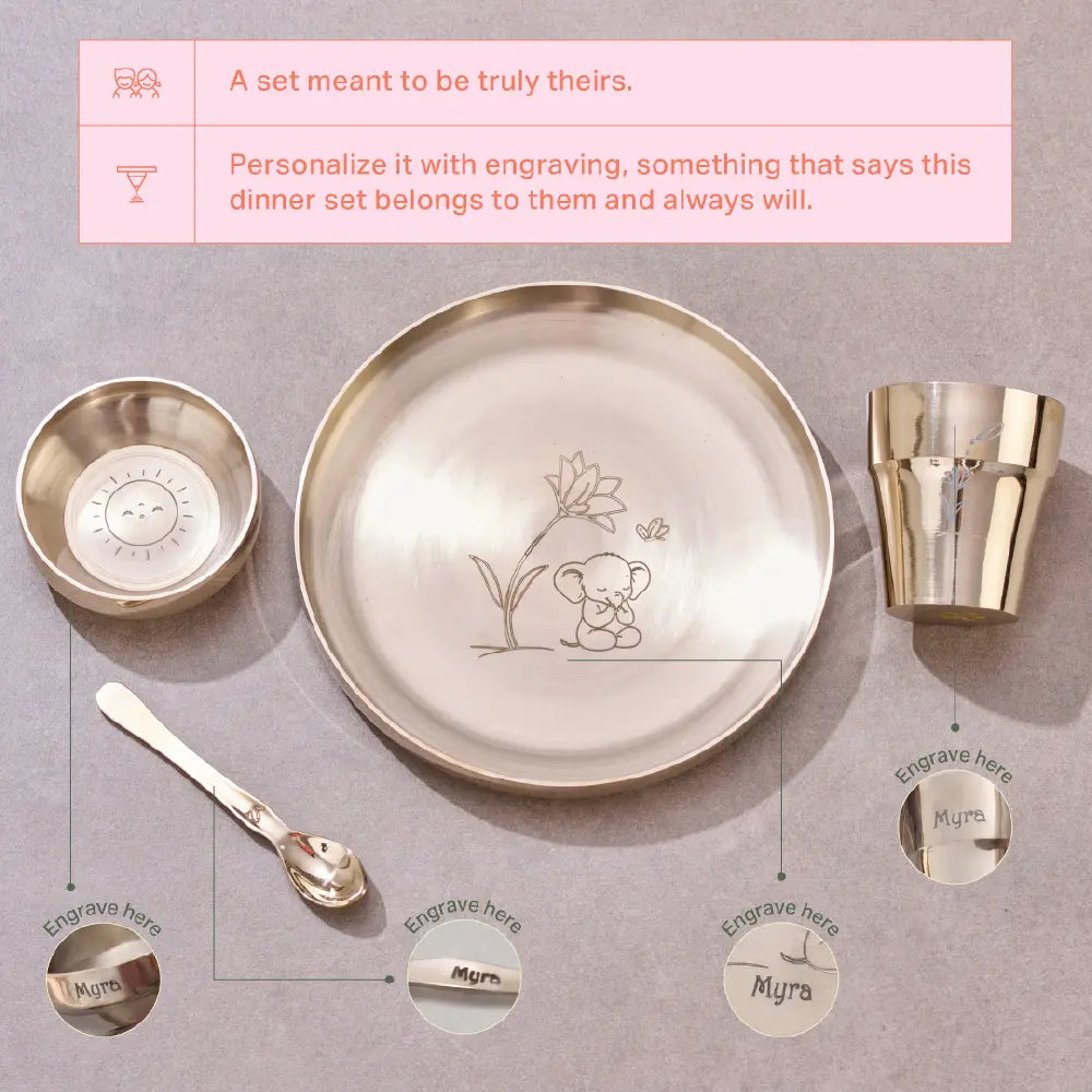 P•TAL SuRu Kids Dinner Set in Pure Kansa Bronze | Handcrafted Thali, Bowl, Glass &amp; Spoon | Ages 0–8 | Heirloom Dinnerware Crafted with Nakuul Mehta &amp; Jankee Parekh | Non-Toxic | UNESCO Thathera Craft | The First &amp; Forever Set