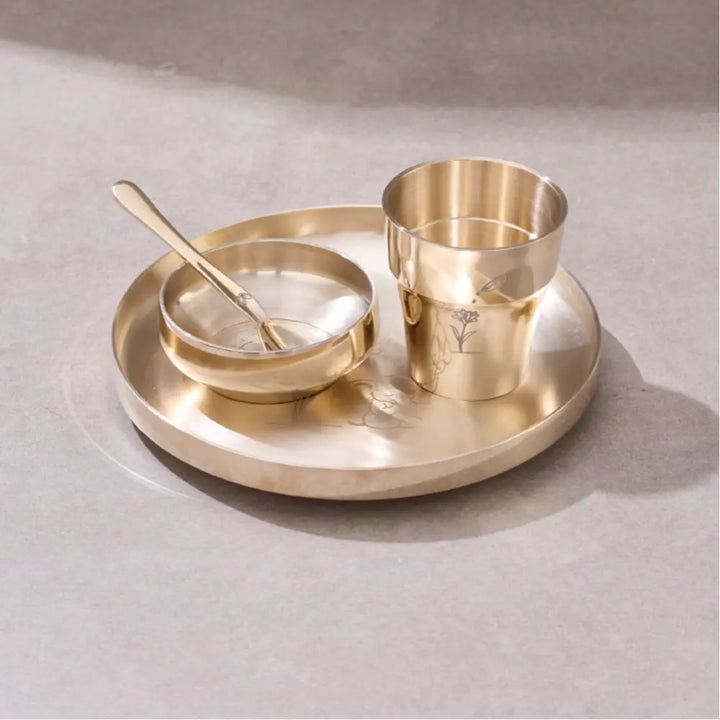 P•TAL SuRu Kids Dinner Set in Pure Kansa Bronze | Handcrafted Thali, Bowl, Glass &amp; Spoon | Ages 0–8 | Heirloom Dinnerware Crafted with Nakuul Mehta &amp; Jankee Parekh | Non-Toxic | UNESCO Thathera Craft | The First &amp; Forever Set