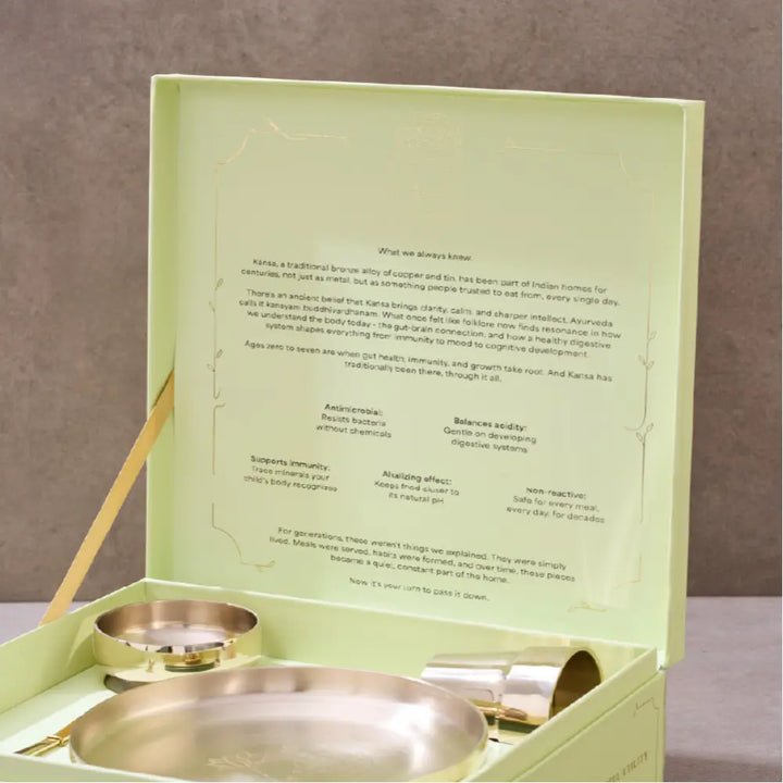 P•TAL SuRu Kids Dinner Set in Pure Kansa Bronze | Handcrafted Thali, Bowl, Glass &amp; Spoon | Ages 0–8 | Heirloom Dinnerware Crafted with Nakuul Mehta &amp; Jankee Parekh | Non-Toxic | UNESCO Thathera Craft | The First &amp; Forever Set