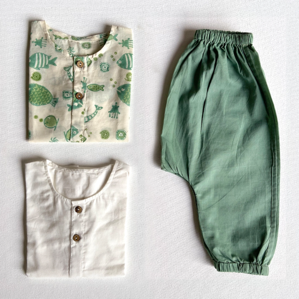 Whitewater Kids Unisex Organic Koi Mint &amp; White Kurta Set